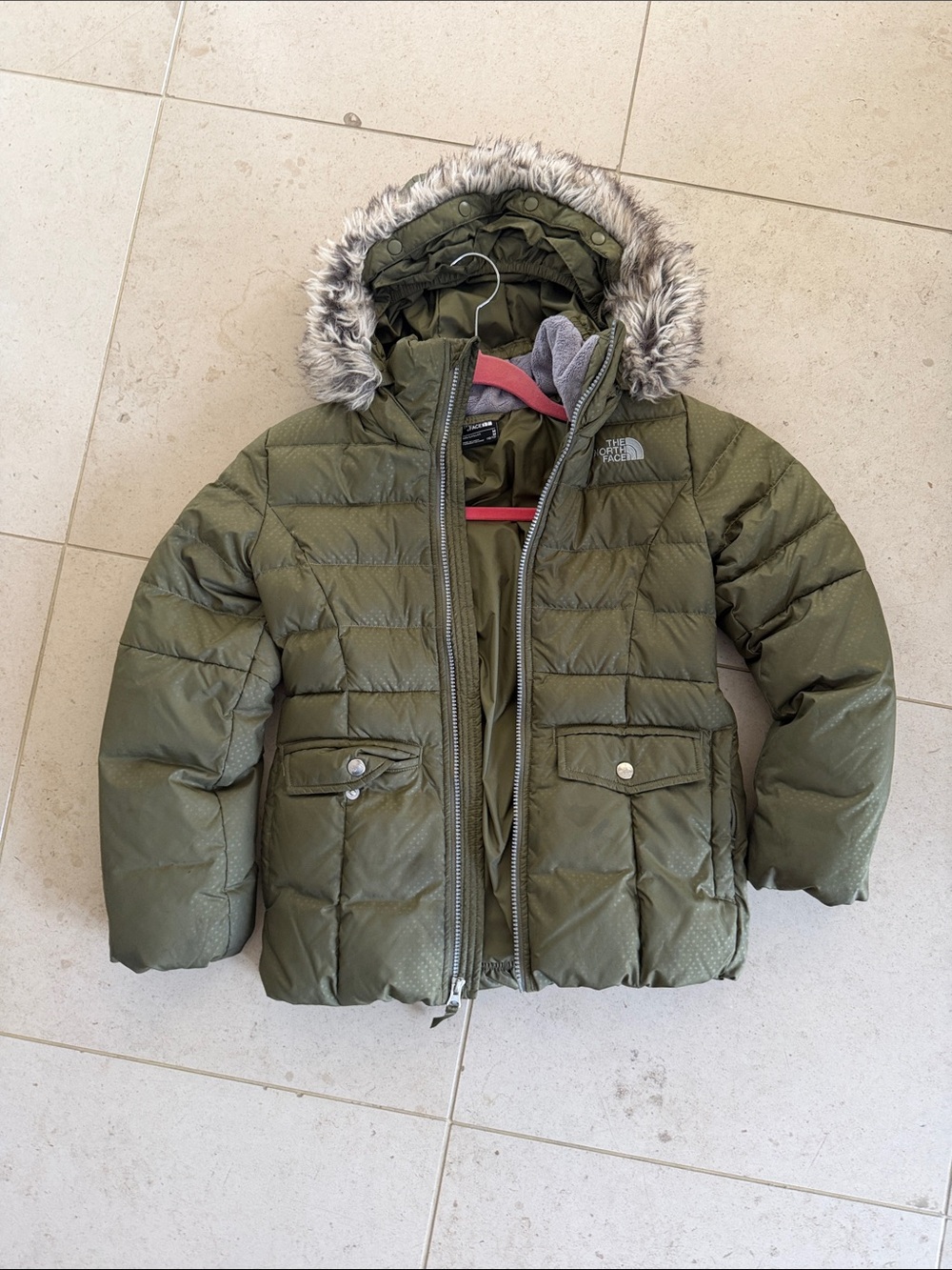 The North Face Kids Olive Green Hooded Puffer Jacket with Faux-Fur Trim